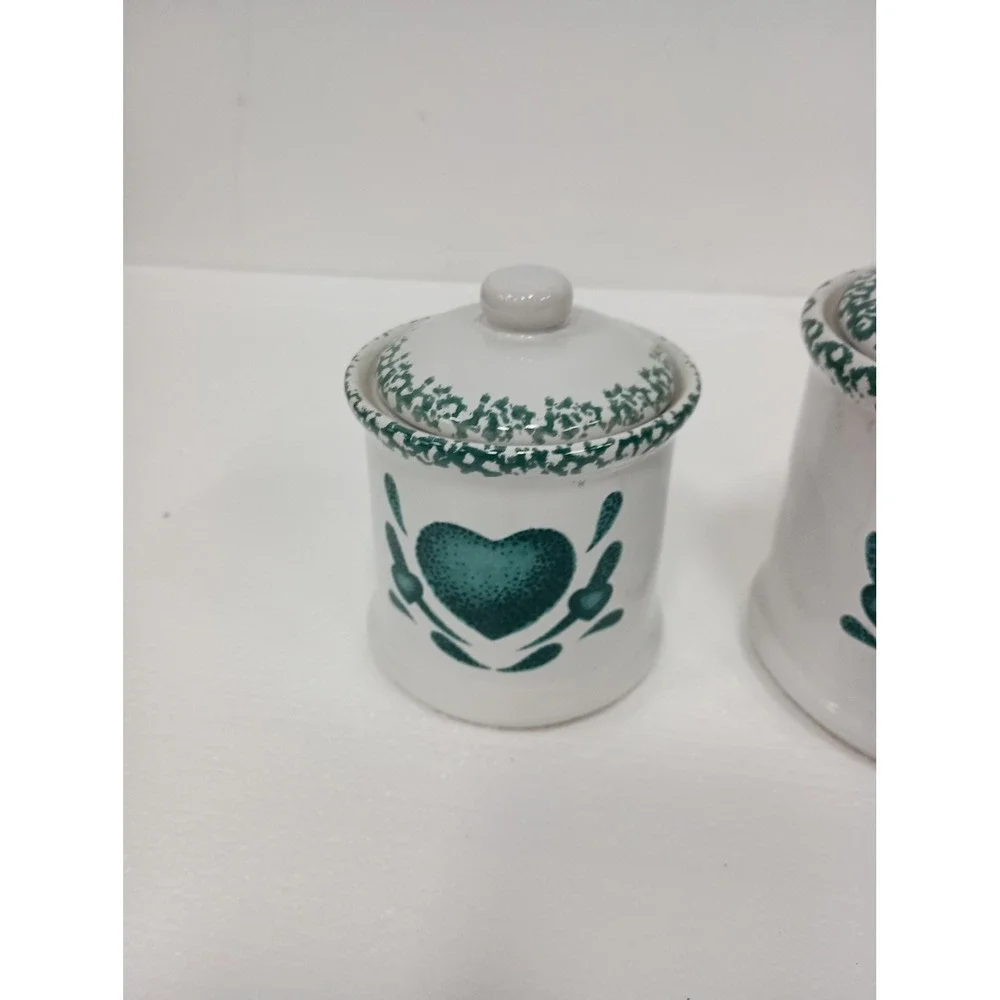 Vintage Canister Set of 2 White Green Heart Sponge Print Coutry Cottage Kitchen